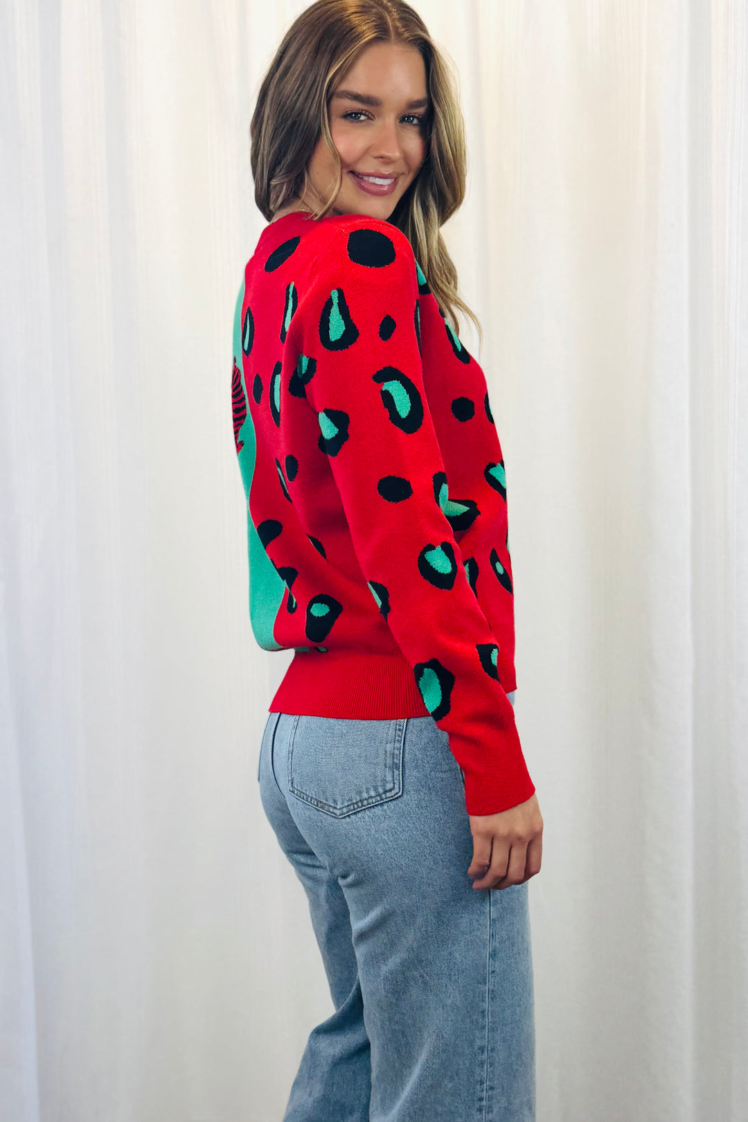Freda Knit Jumper in Red and Mint Print