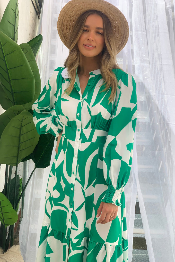 Paige Midi Dress in Green and White Print