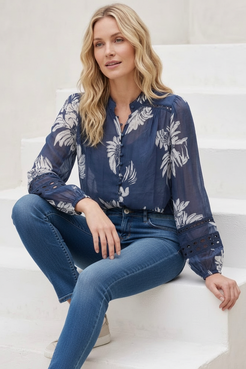Evie Top in Navy Print