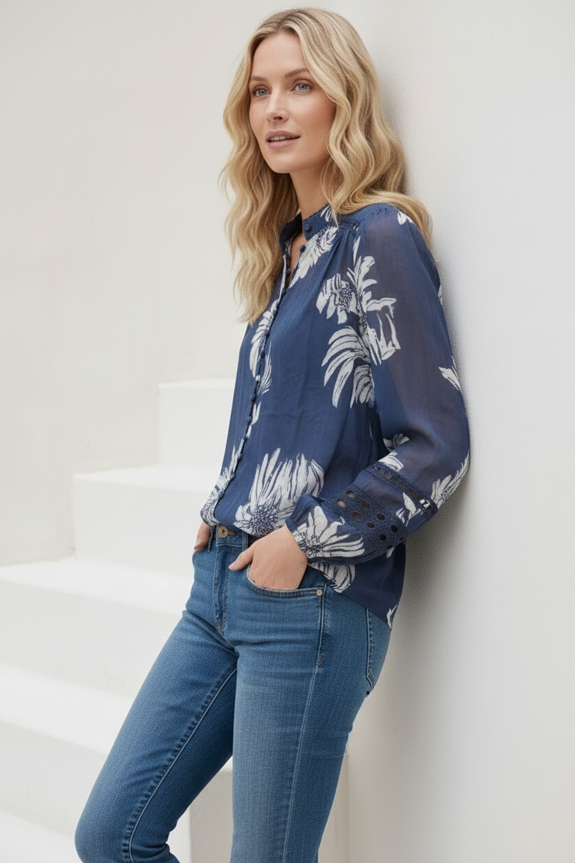 Evie Top in Navy Print