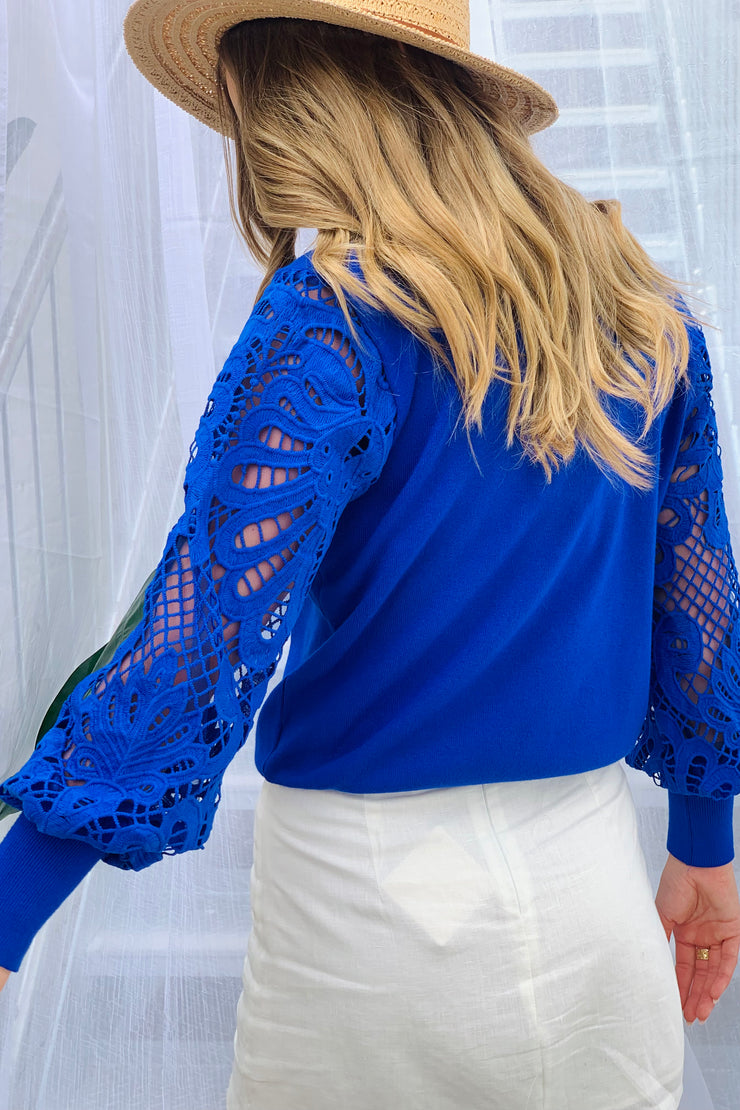 Naomi Lace Sleeve Top in Cobalt Blue - New Arrival