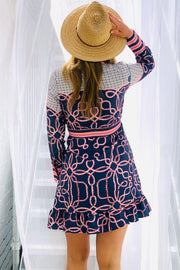 Ivy Short Dress In Navy and Pink Chain Print