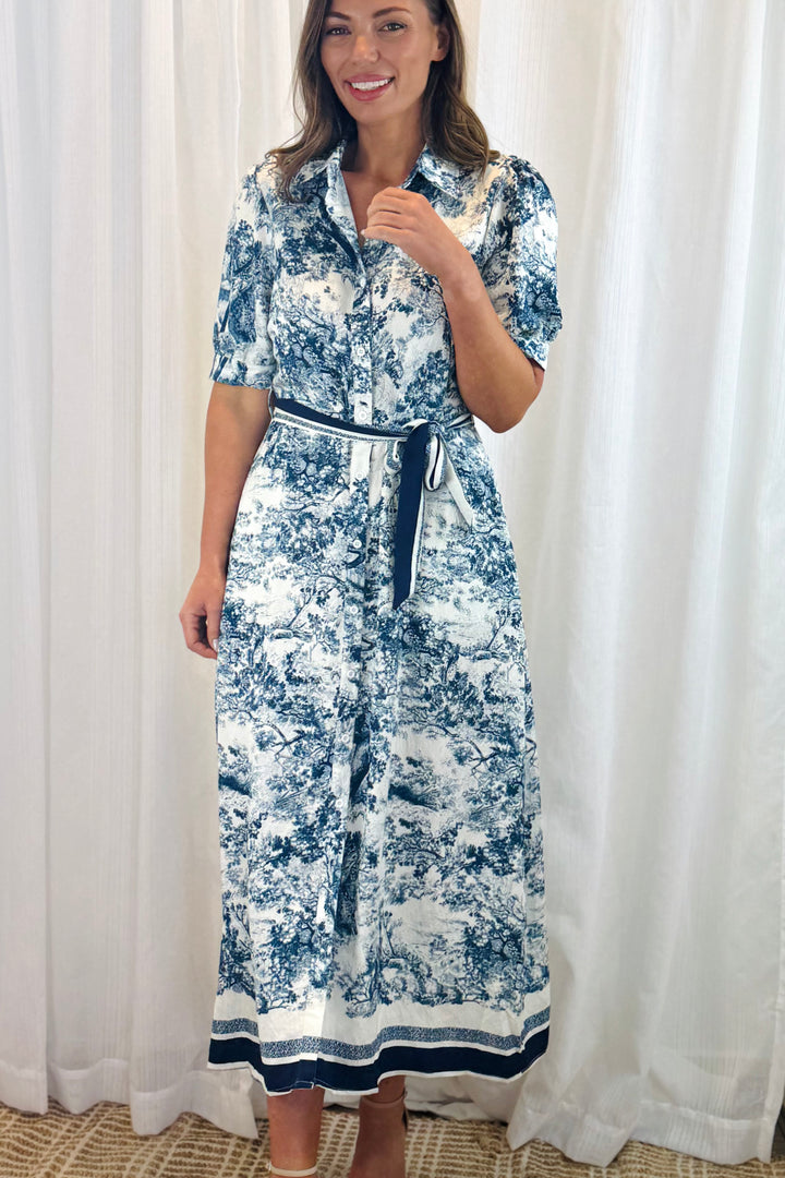 April Blue and Off White Multi Print Short Sleeve Dress