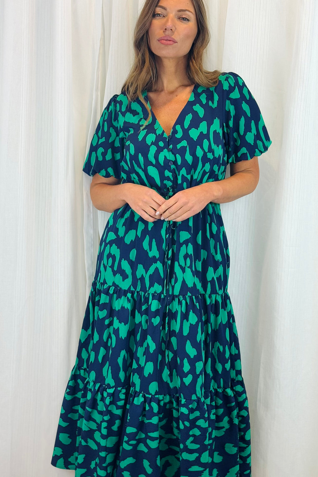 Molli Green and Navy Tiger Print Short Sleeve Dress