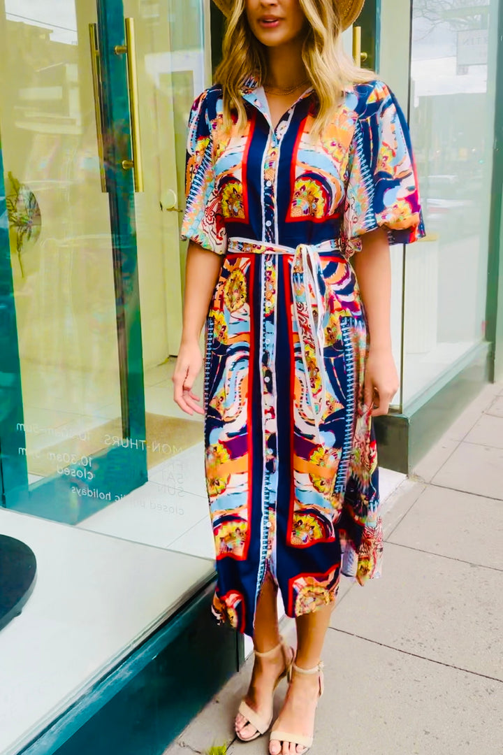 Jasmine Shirt Style Maxi Dress in Multicolour Print