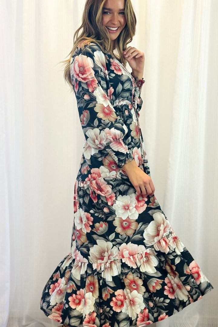 Yasmine Floral Drawstring Maxi Dress with Front Split