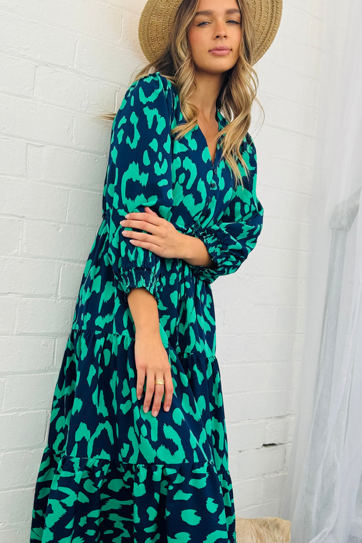 Molli Drawstring Midi Dress in Navy and Green Animal  Print