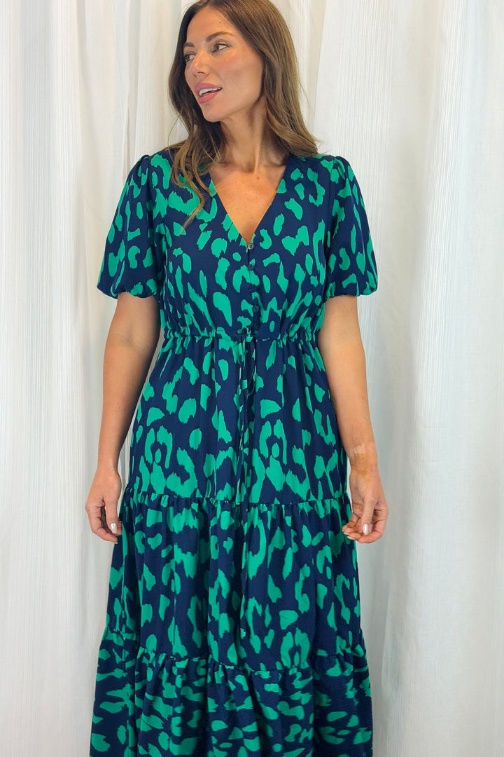 Molli Green and Navy Tiger Print Short Sleeve Dress