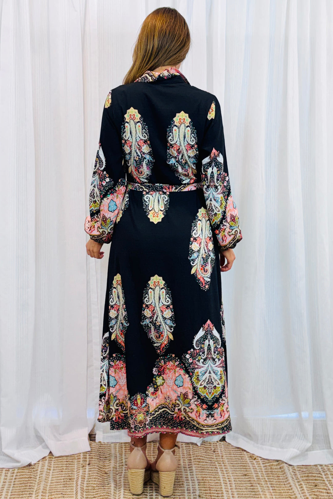 Gidget Long Sleeve Black Embroidered Print Dress in Long Sleeve