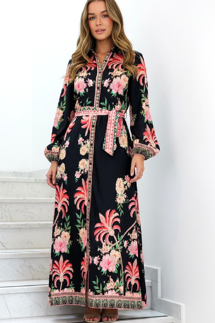 Maddison Palm Print Dress in Black Long Sleeve