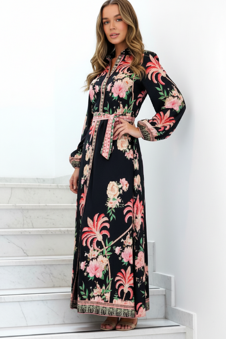 Maddison Palm Print Dress in Black Long Sleeve