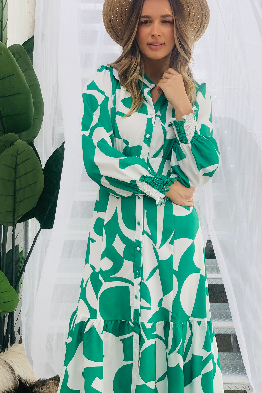 Paige Midi Dress in Green and White Print