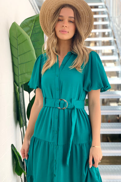 Jade Maxi Dress With Belt in Dark Green