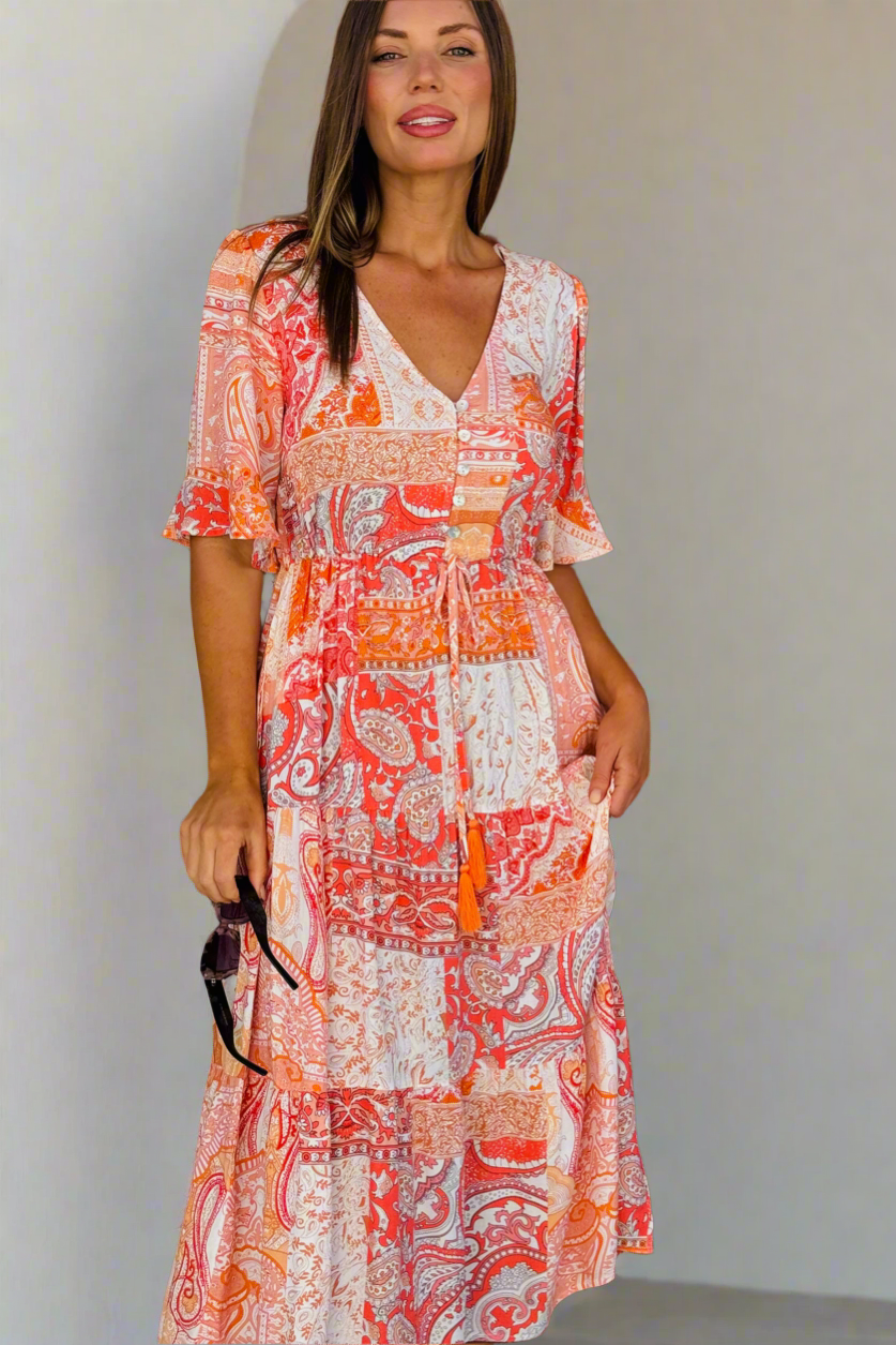 Diana Short Sleeve Orange Multi Print Drawstring Midi