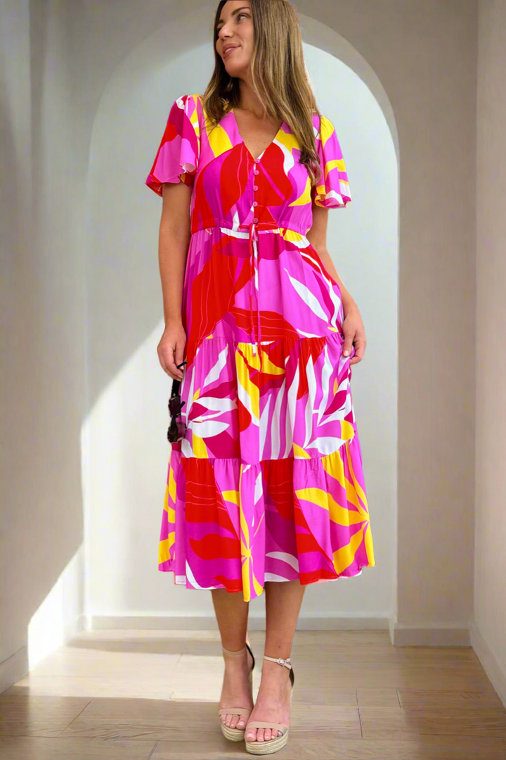 Almalfi Print Drawstring Midi Dress in Pink and Yellow Tones