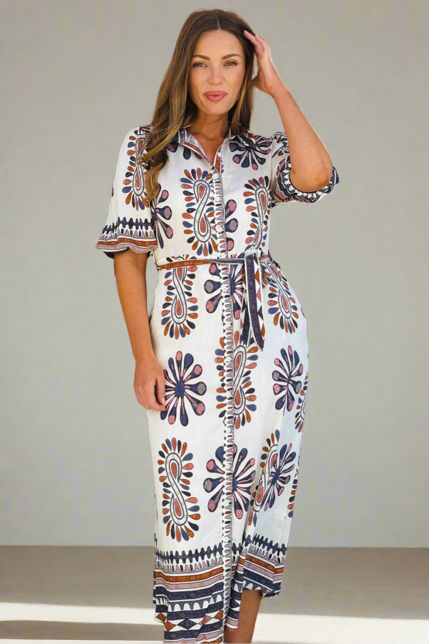 Campbell Midi Shirt Dress in Off White and Navy Print