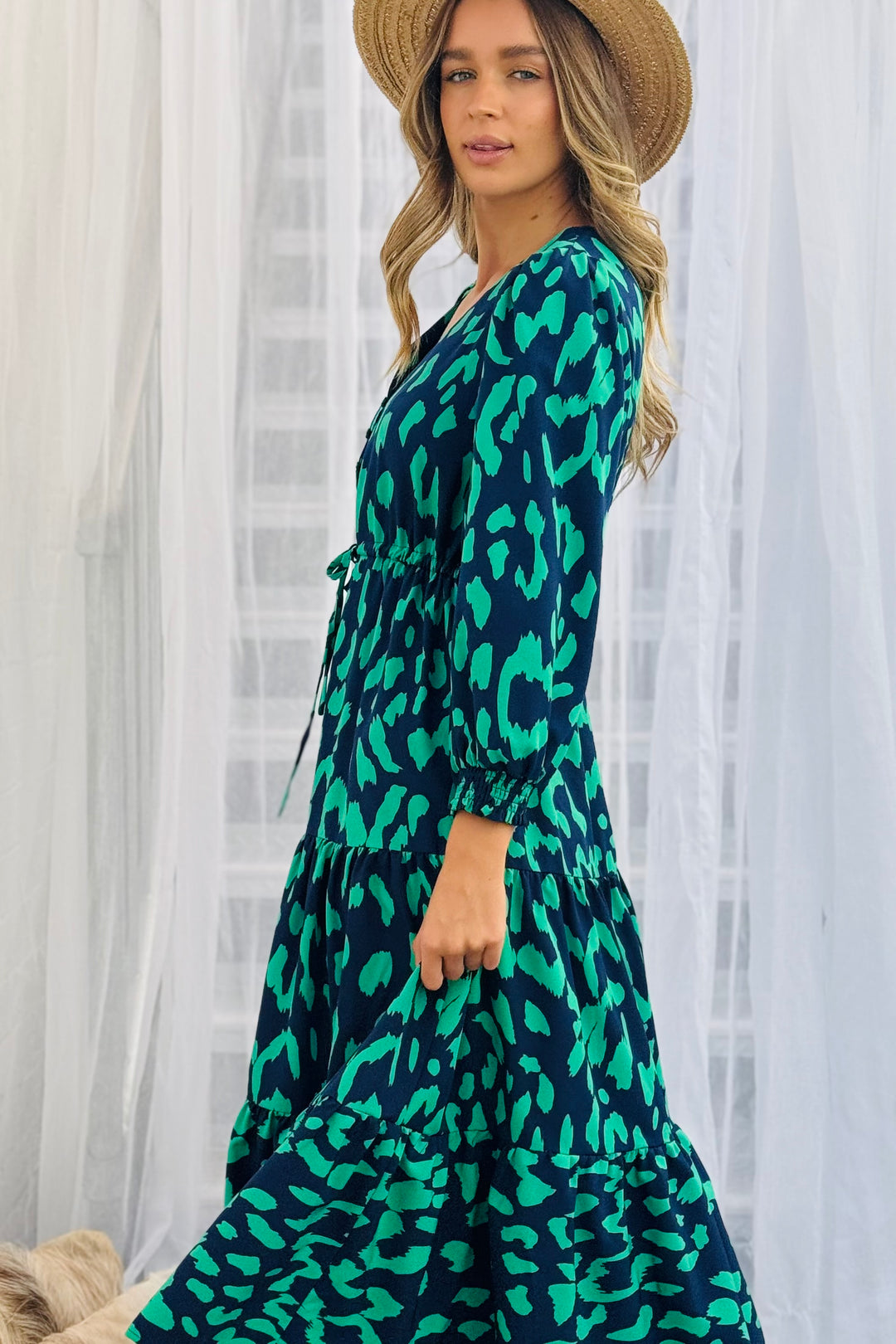 Molli Drawstring Midi Dress in Navy and Green Animal  Print