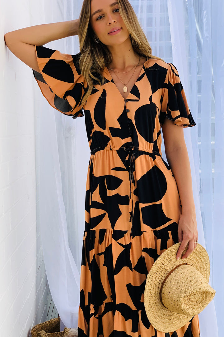 Santorini  Short Sleeve Midi Dress in Orange and Black Print