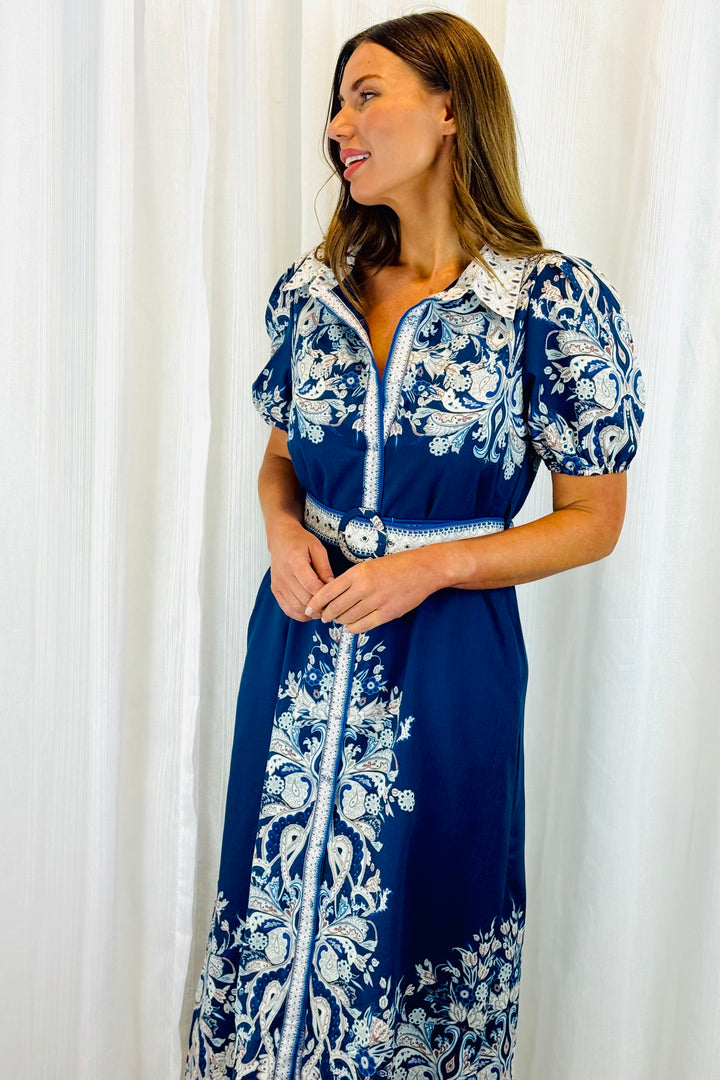 Lopez Embroidered Print Shirt Dress  In Navy