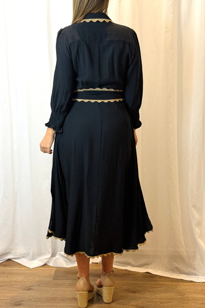 Shyla Midi Dress In Black With Tan Detail