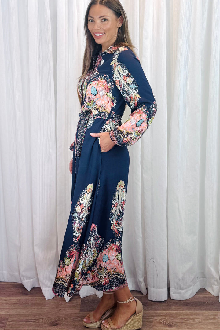 Gidget Long Sleeve Dress in Navy Multi Print