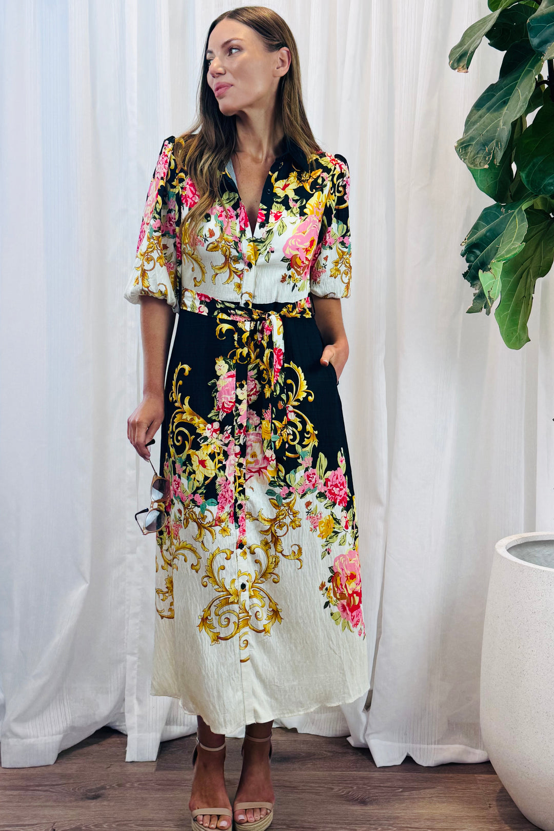 Leila Shirt Dress in Black Multi Print