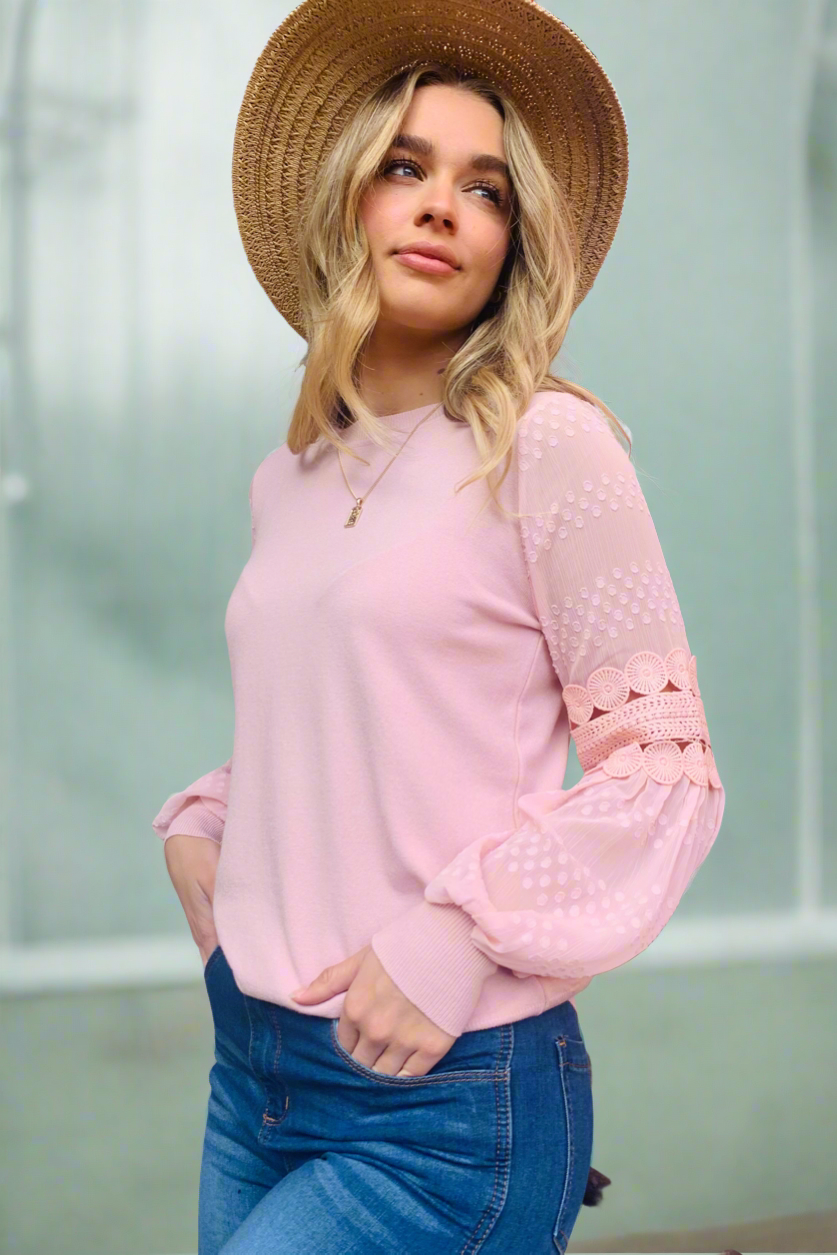 Molli Knit Top Detailed Sleeve in Pink