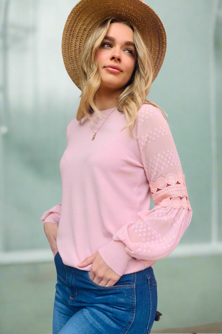 Molli Knit Top Detailed Sleeve in Pink