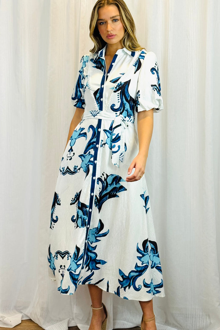 Morgan White And Blue Floral Print Shirt Dress