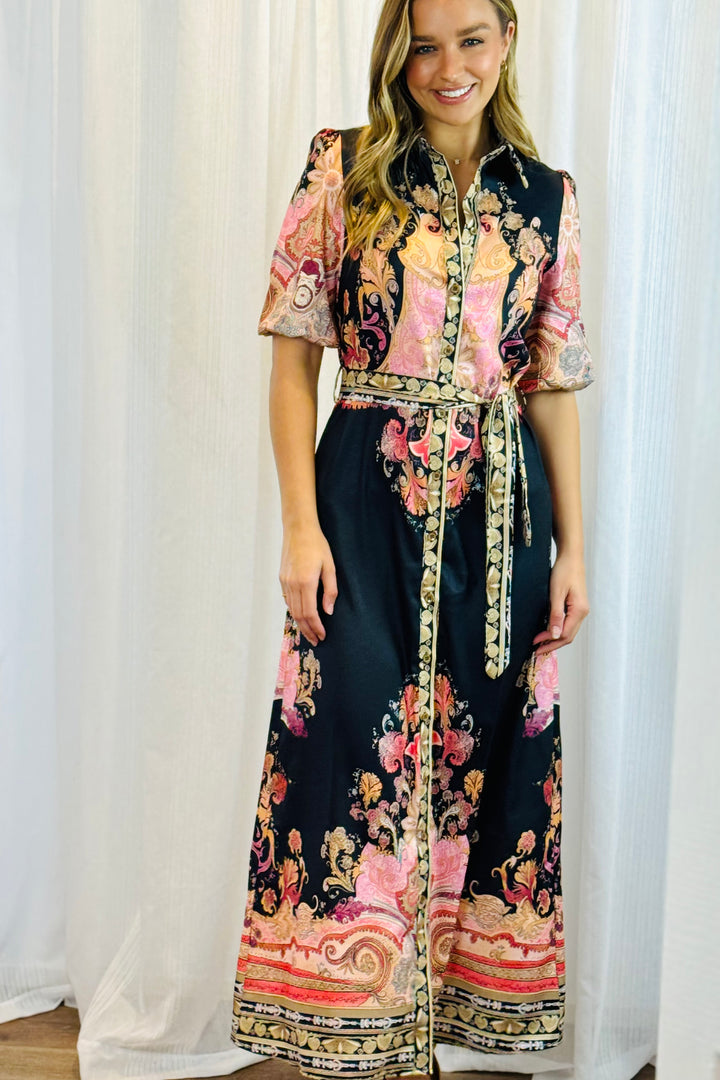 Portia Shirt Dress in Black Multi Print