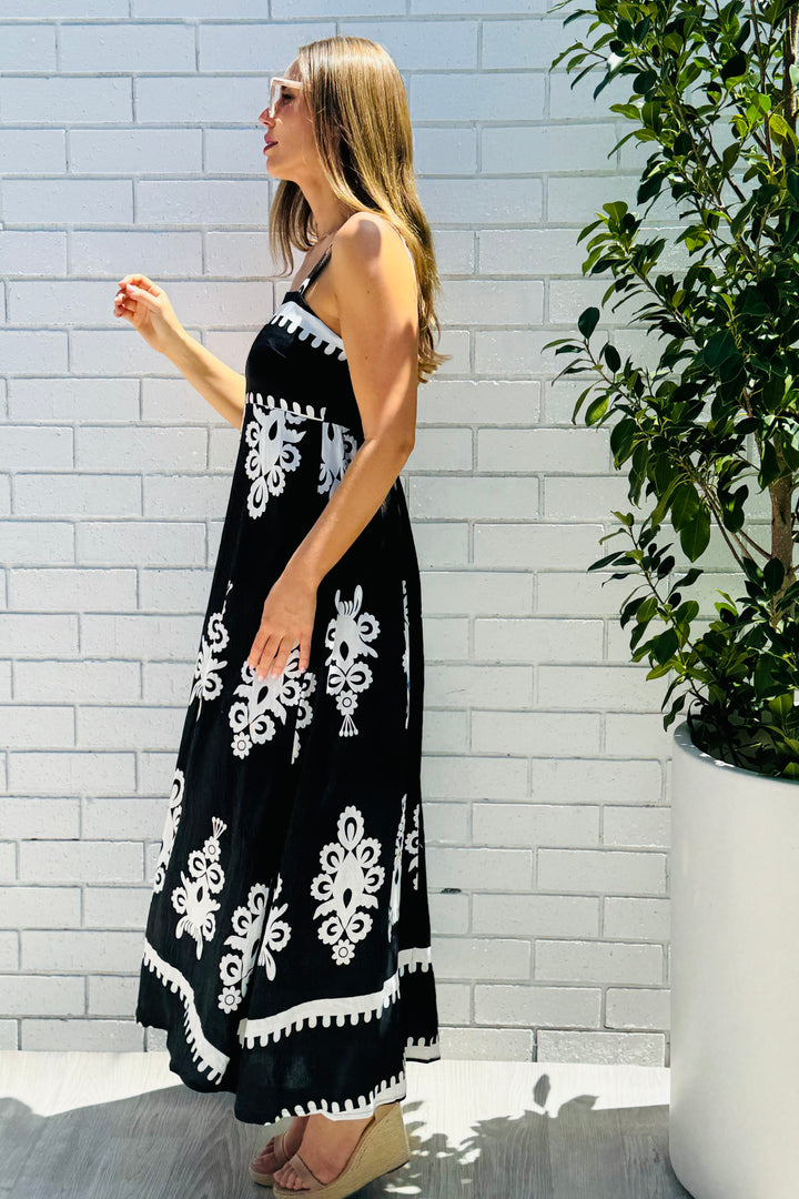 Positano Embroidered Print Maxi Dress in Black and white