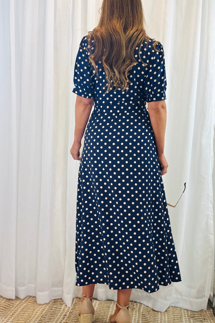 Tamika Spot Dress In Navy And Beige