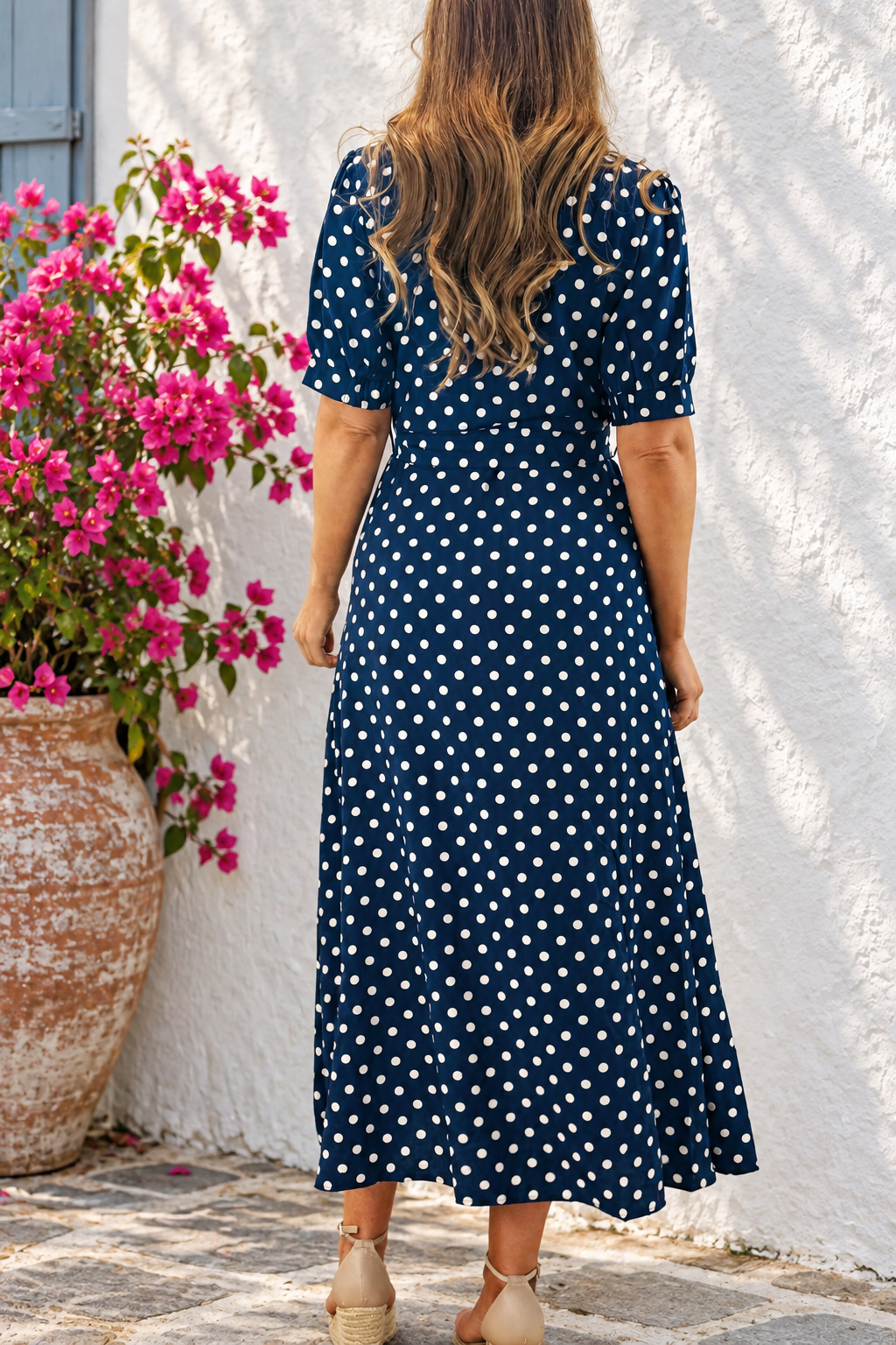 Tamika Spot Dress In Navy And Beige