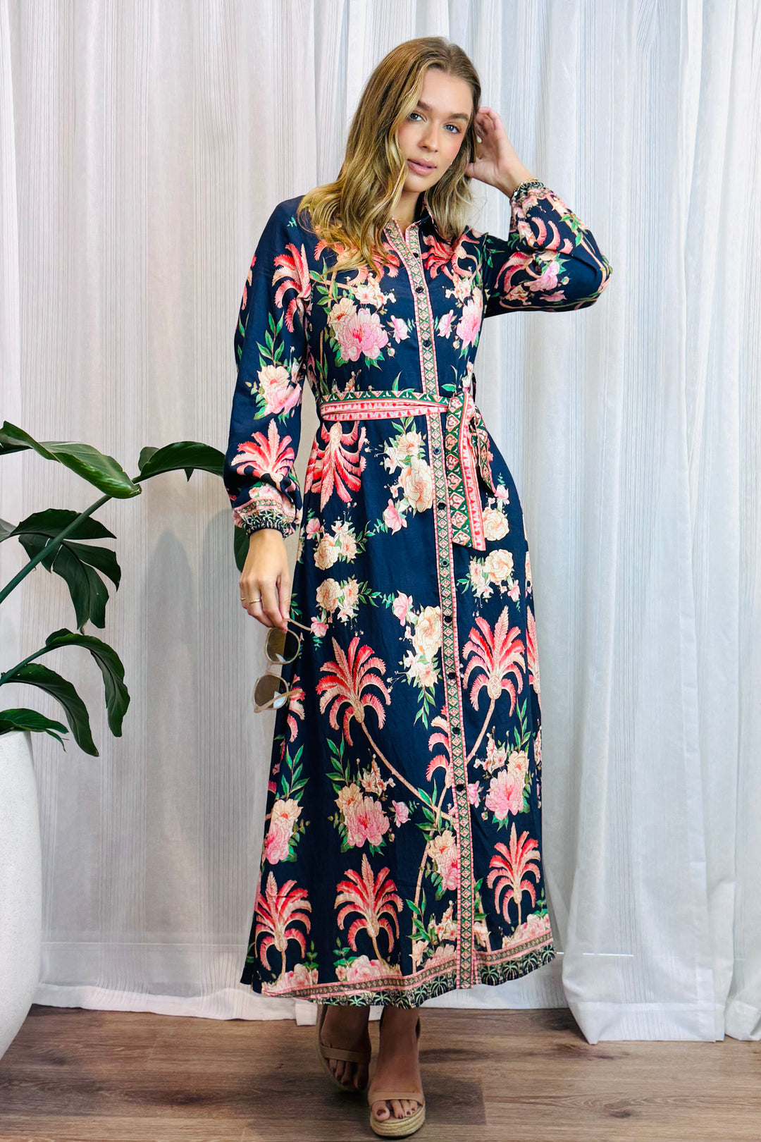 Maddison Long Sleeve Maxi Dress in Navy Print