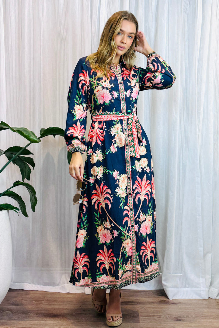 Maddison Long Sleeve Maxi Dress in Navy Print