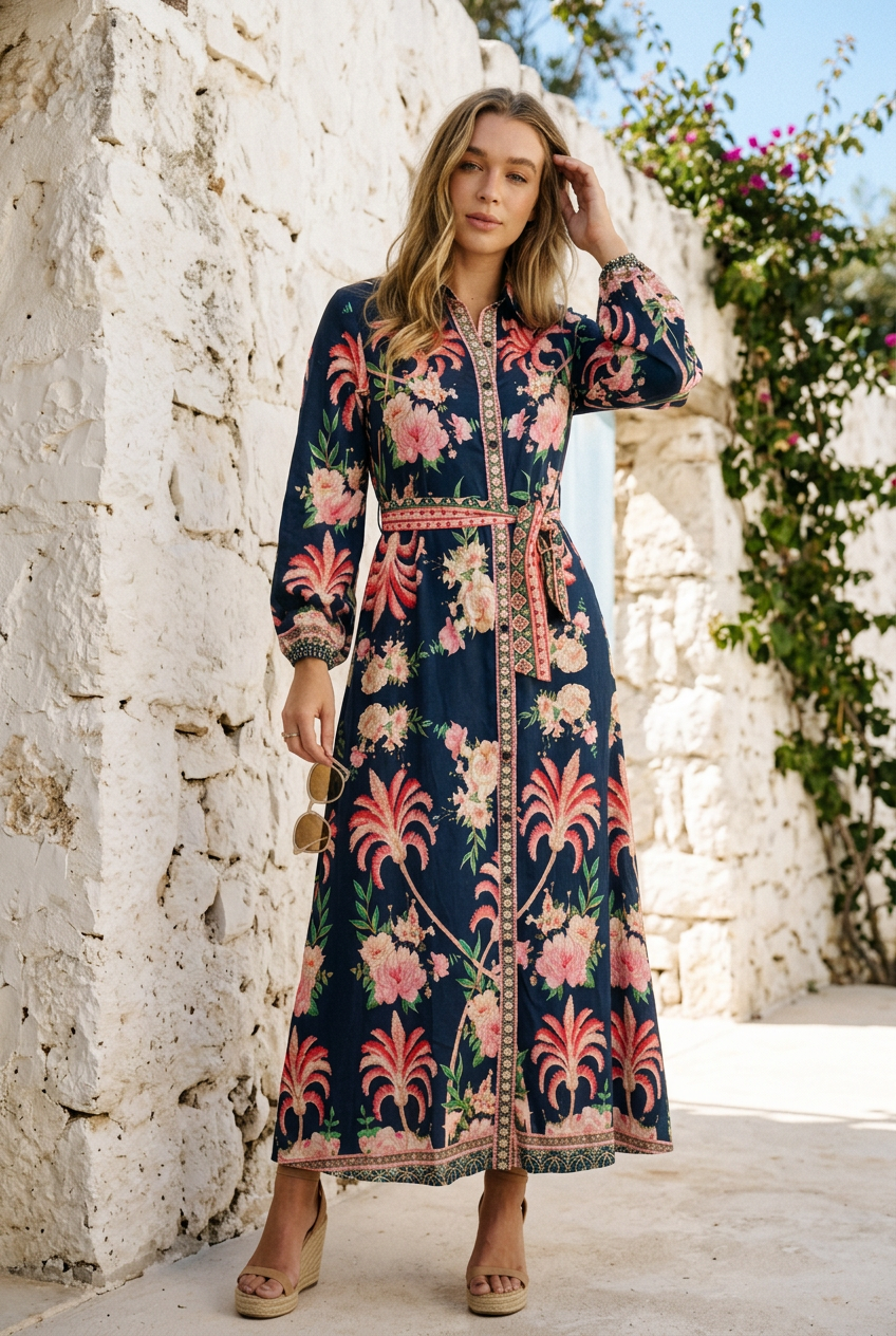 Maddison Long Sleeve Maxi Dress in Navy Print