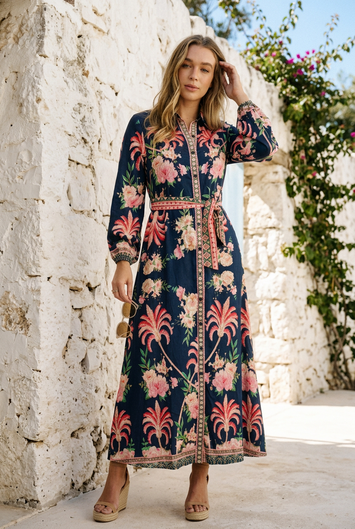 Maddison Long Sleeve Maxi Dress in Navy Print