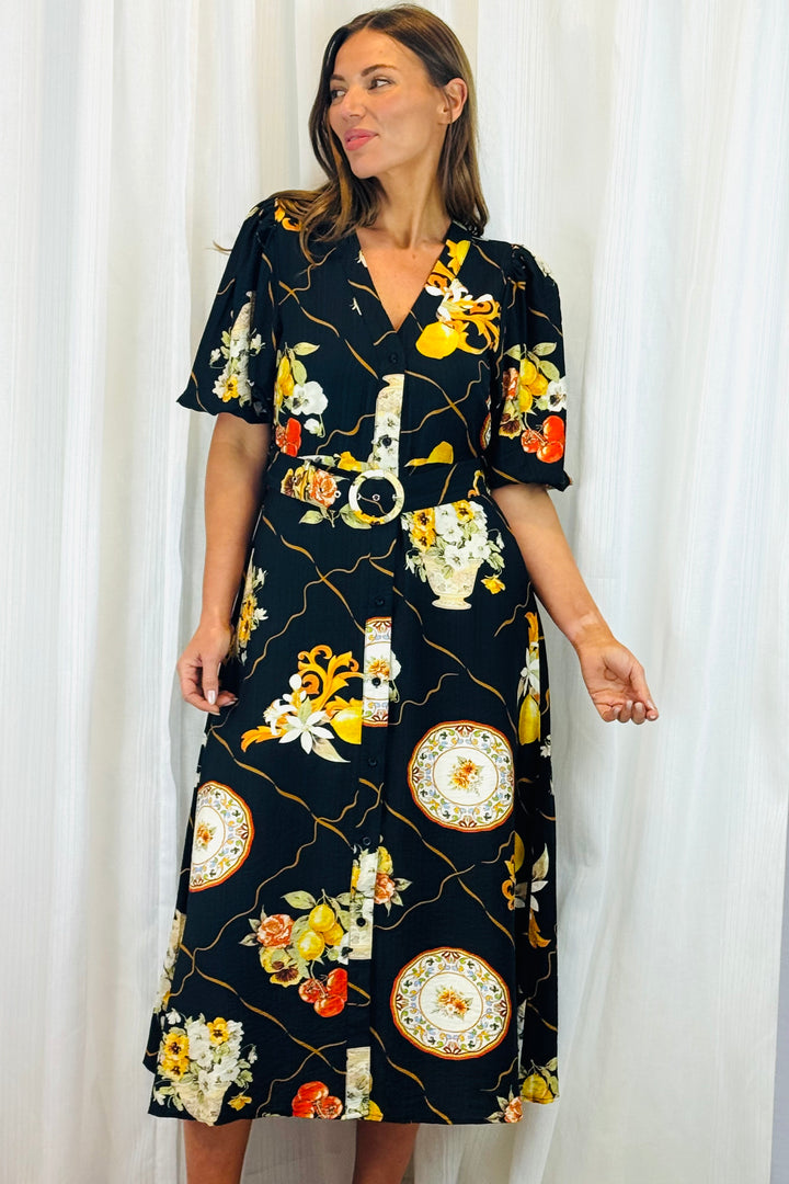 Giulia Lemon Print Dress in Black