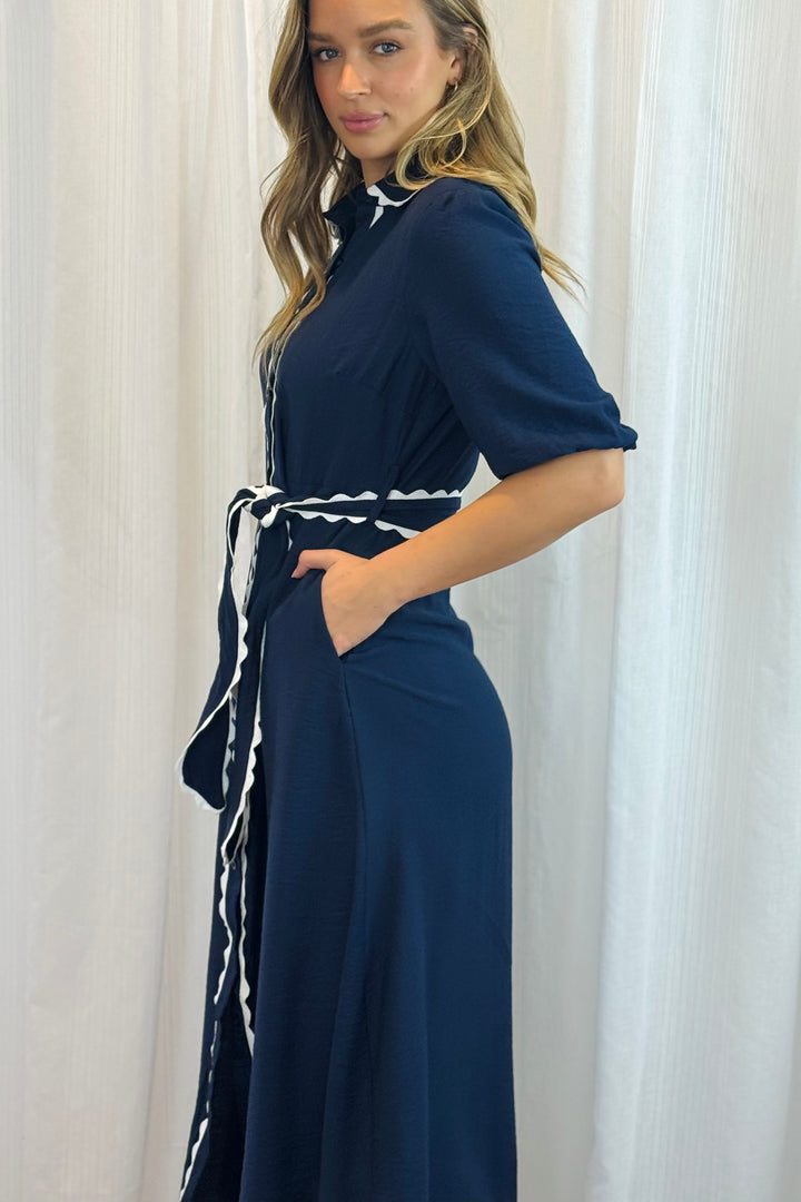 Shyla Dress in Navy with White Trimming