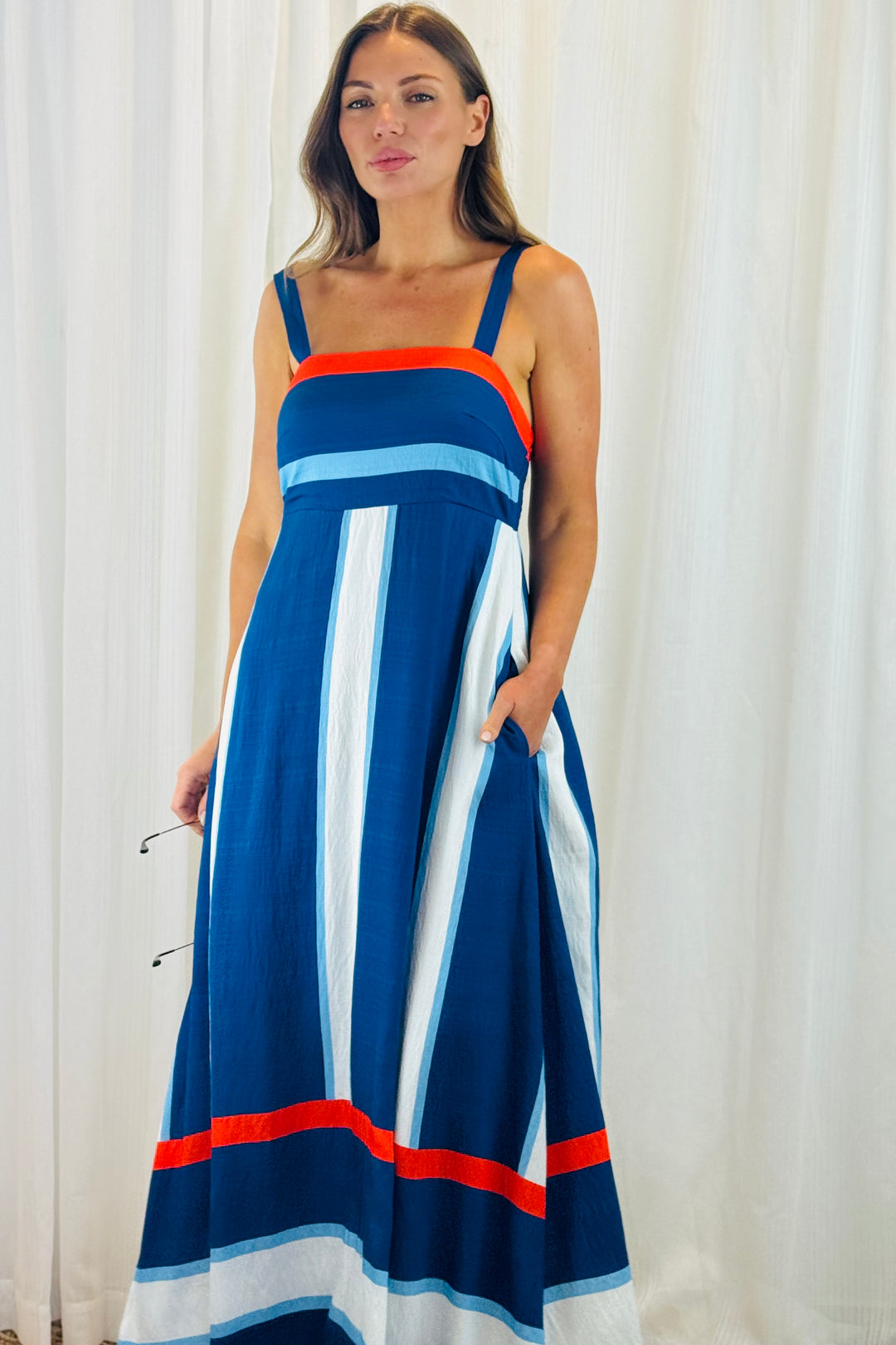Yasmin Blue, White And Orange Stripe Midi