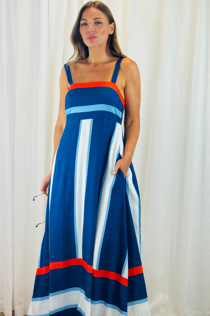 Yasmin Blue, White And Orange Stripe Midi
