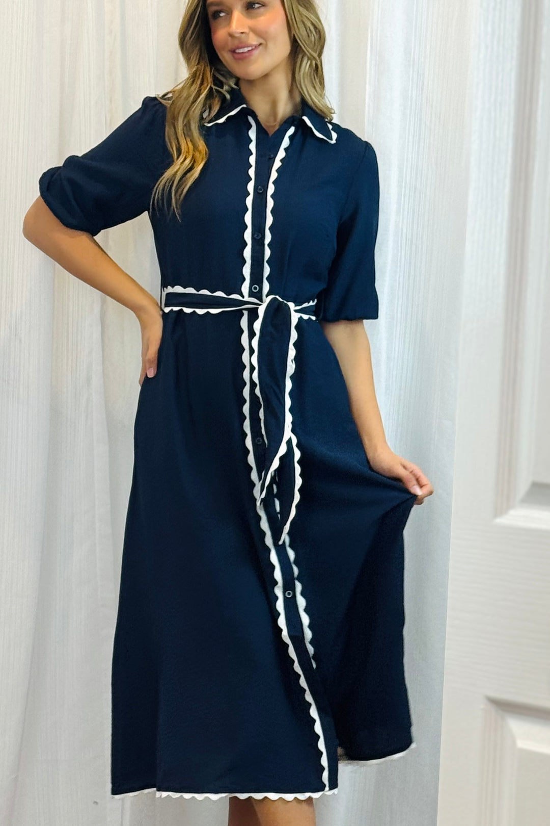 Shyla Dress in Navy with White Trimming