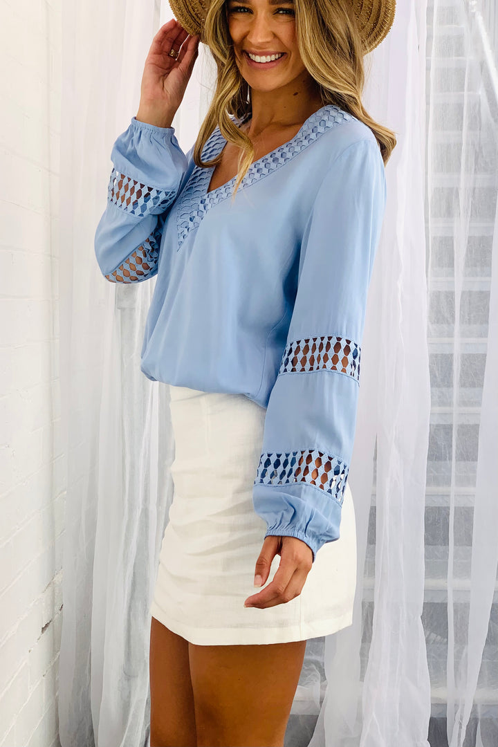 Alba Long Sleeve Top in Blue With Lace Detail