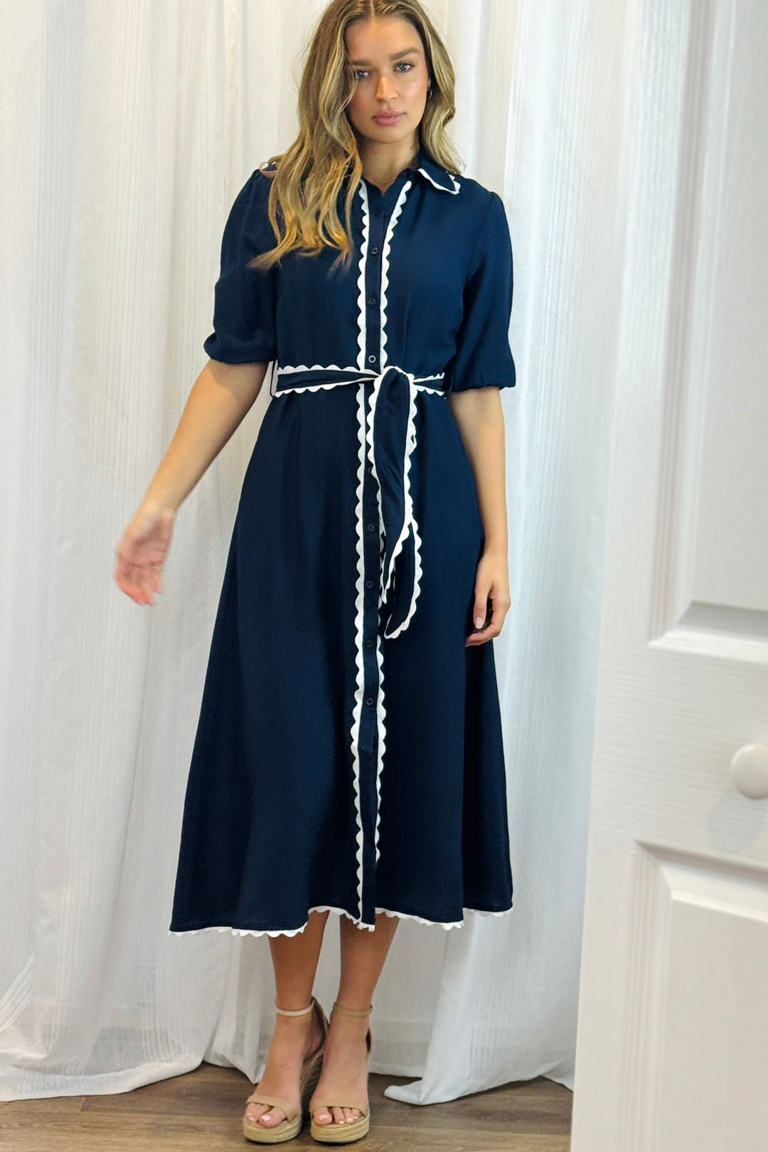 Shyla Dress in Navy with White Trimming