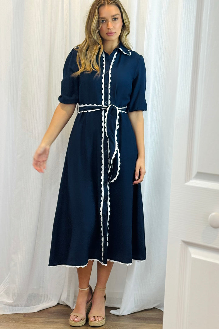 Shyla Dress in Navy with White Trimming