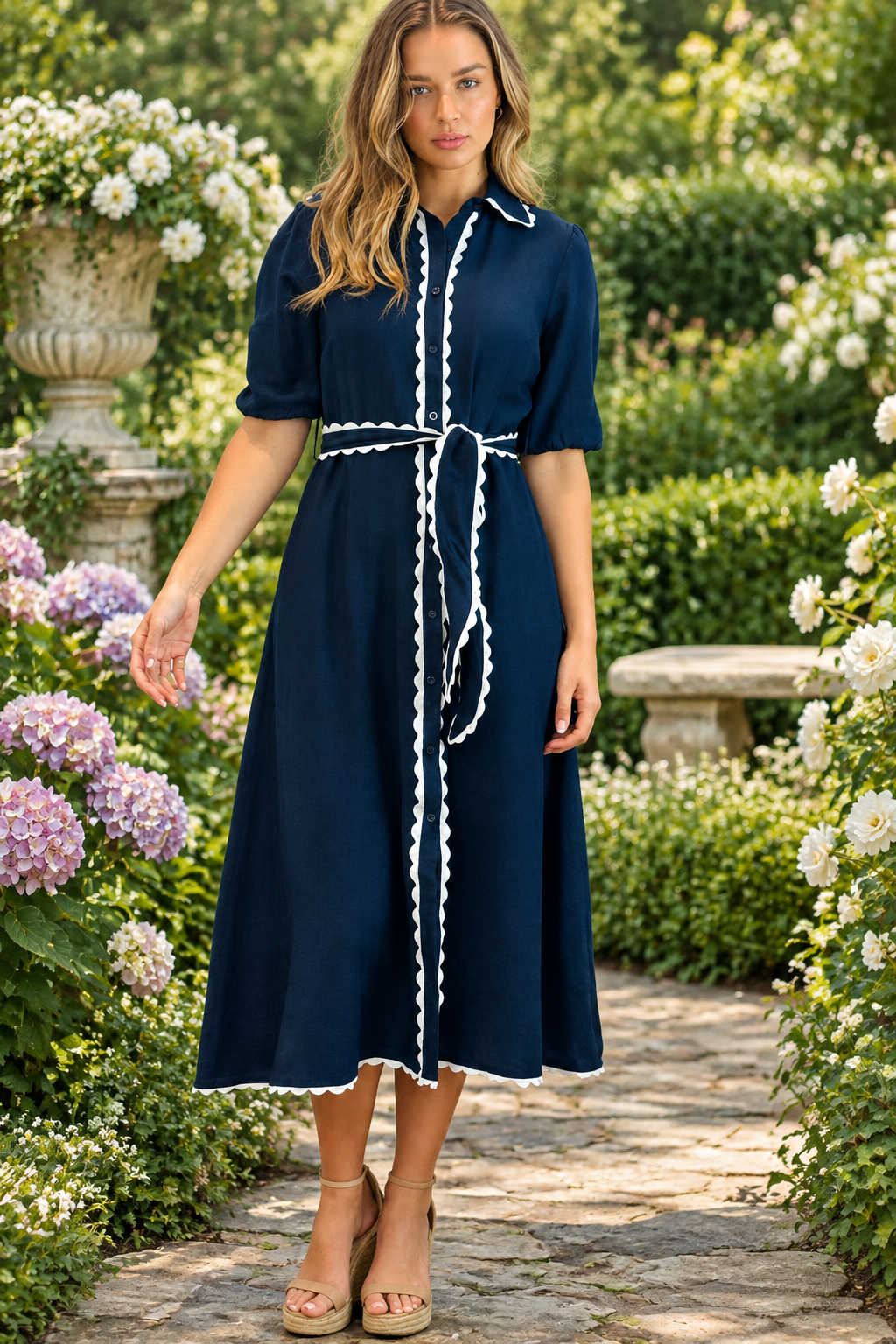Shyla Dress in Navy with White Trimming