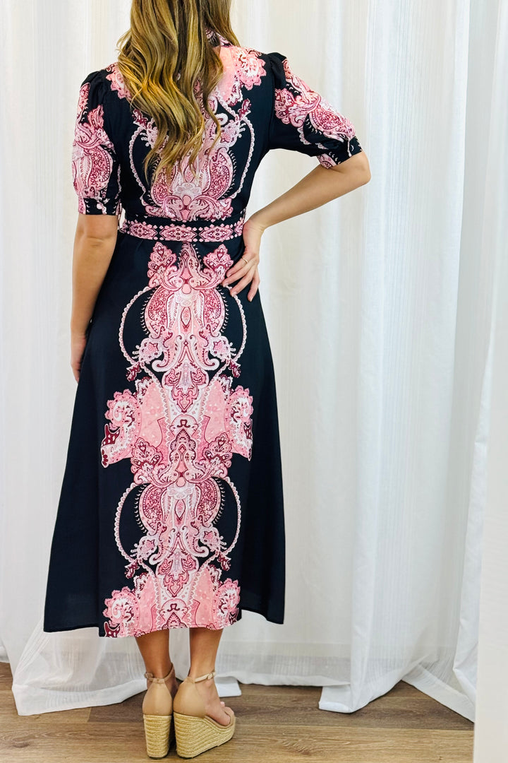Eden Short Sleeve Dress With Pink Embroidered Print.