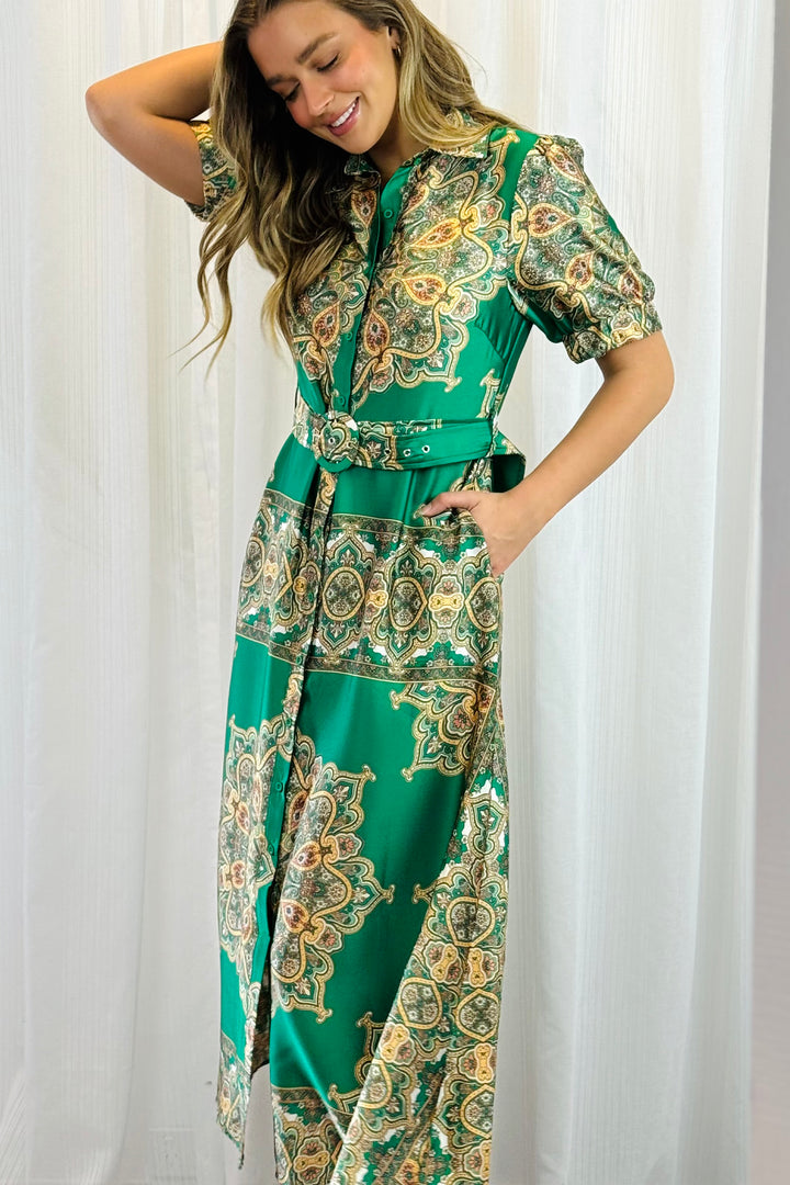 Angelina Embroidered Print Dress in Green