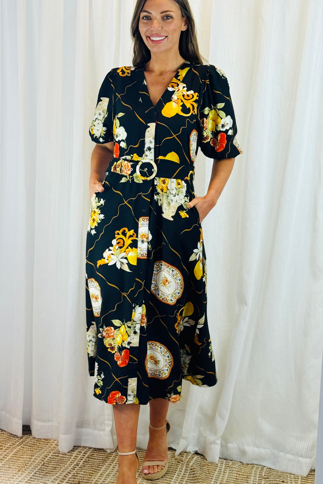 Giulia Lemon Print Dress in Black