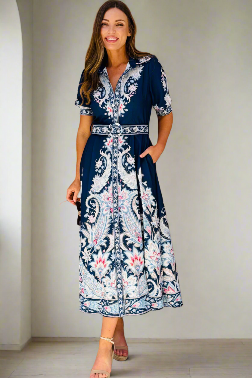 Monica Embroidered Print Dress in Navy